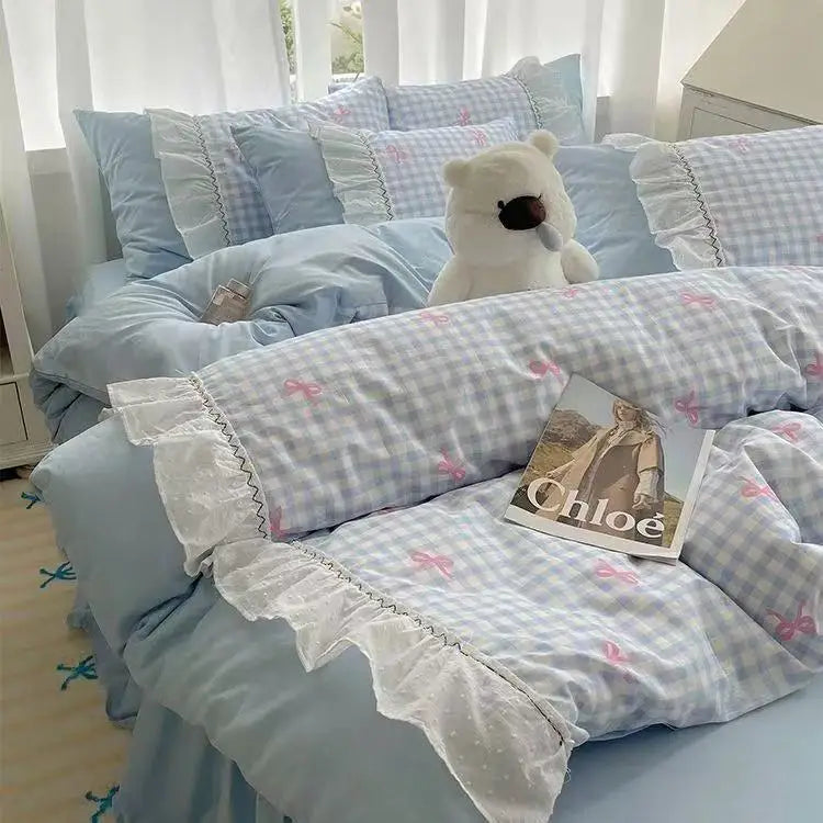 Fashion Lattice Bedding Set Bed Sheet Cute Princess AB Double Sided Ruffle Flower Quilt Cover Pillowcase Bedclothes Home Textile