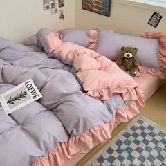 Ins Princess Bedding Set 4 New Duvet Cover Fresh Blue Solid Color Floral Wrinkled Yann Bed Set Of Four Pieces Bed Sheets