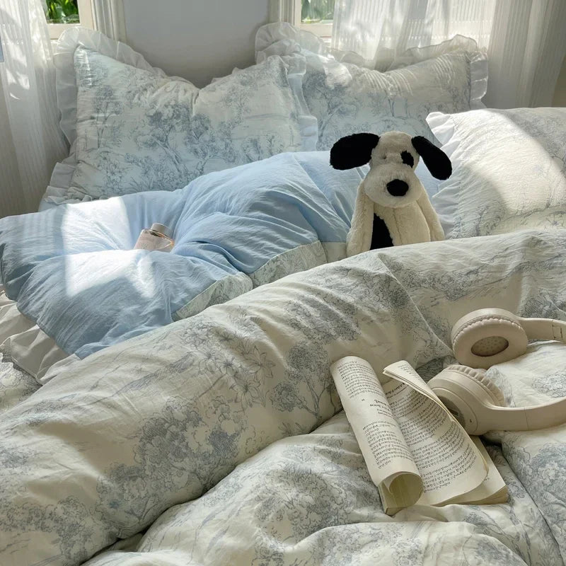 Blue Floral Ruffle Duvet Cover Set Queen Flower Leaf Comforter Covers 4Pcs Soft Luxury Pastoral Garden Washed Cotton Bedding Set