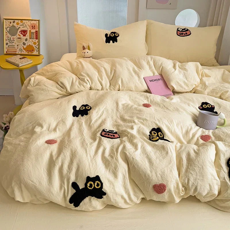 Bedding Set Super Soft Washed Cotton Towel Embroidery Duvet Cover Four Piece Set - Lucky Cat Series