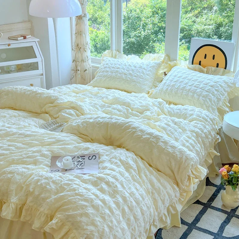 Korean Princess Style Lace Ruffles Bedding Set Skin-friendly Soft Seersucker Duvet Cover Set Bed Sheet Or Bed Skirt Pillowcases