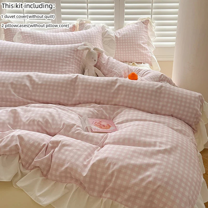 4pcs  Korean lace Duvet Cover Set (1*Duvet Cover +1 flat sheet + 2*Pillowcase, Without Core), Pink checkered print Bedding Set