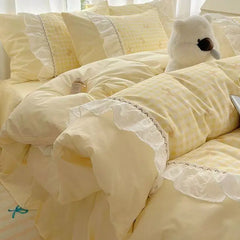 Fashion Lattice Bedding Set Bed Sheet Cute Princess AB Double Sided Ruffle Flower Quilt Cover Pillowcase Bedclothes Home Textile