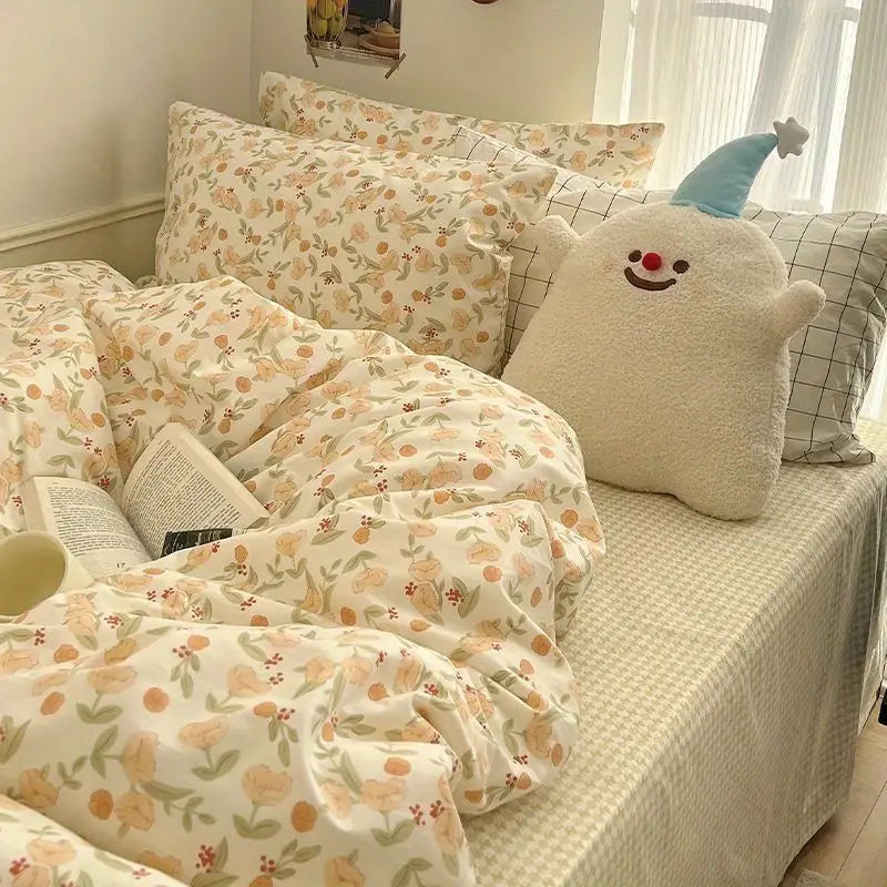 Floral Korean Style Duvet Cover Set No Filler Pillowcase Flat Sheet Twin Queen Size Boys Grils Romantic Bedding Kit