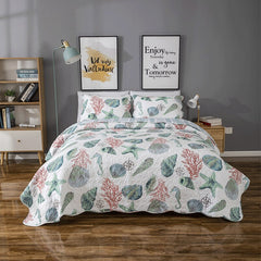 Double Bed Cotton Print Sea Life 3 Piece Quilted Quilt Pillowcase Free Shipping