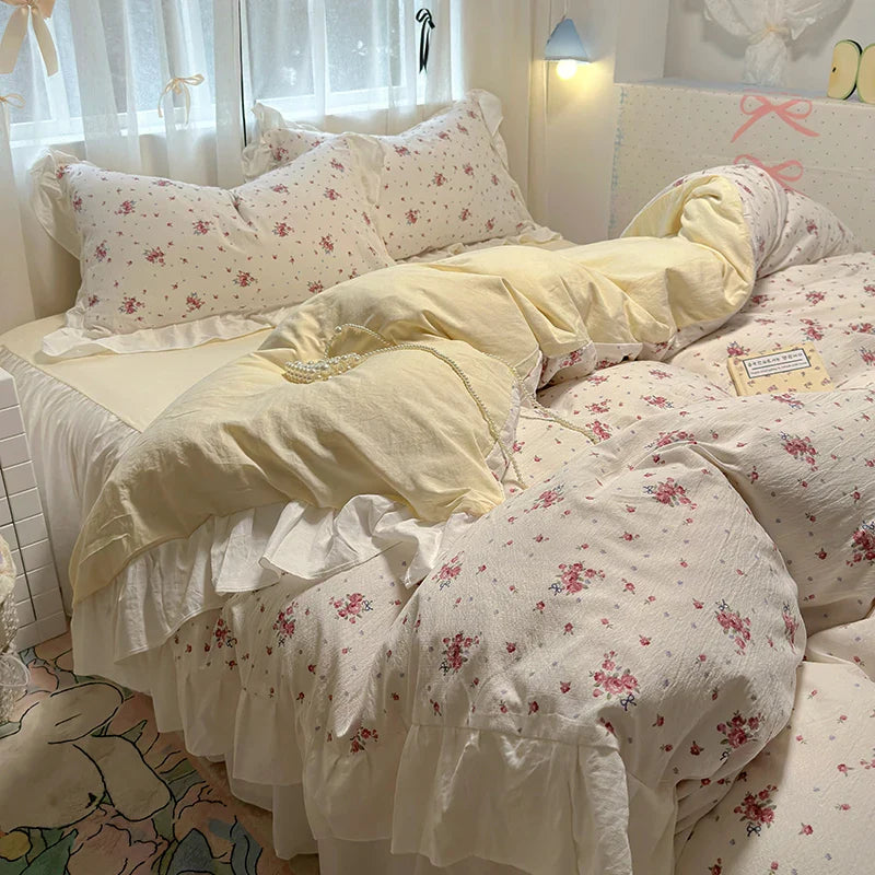 Bedding Set Korean Style New  Small Floral Water Washed Cotton Lace Duvet Cover Set Queen Size