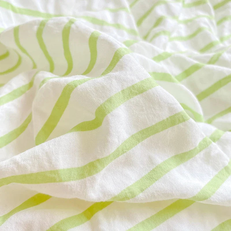 Green Striped Duvet Cover Pillowcase and Solid Color Sheet INS Bedding Set Adult Girls Bedclothes Washed Cotton Bed Linens