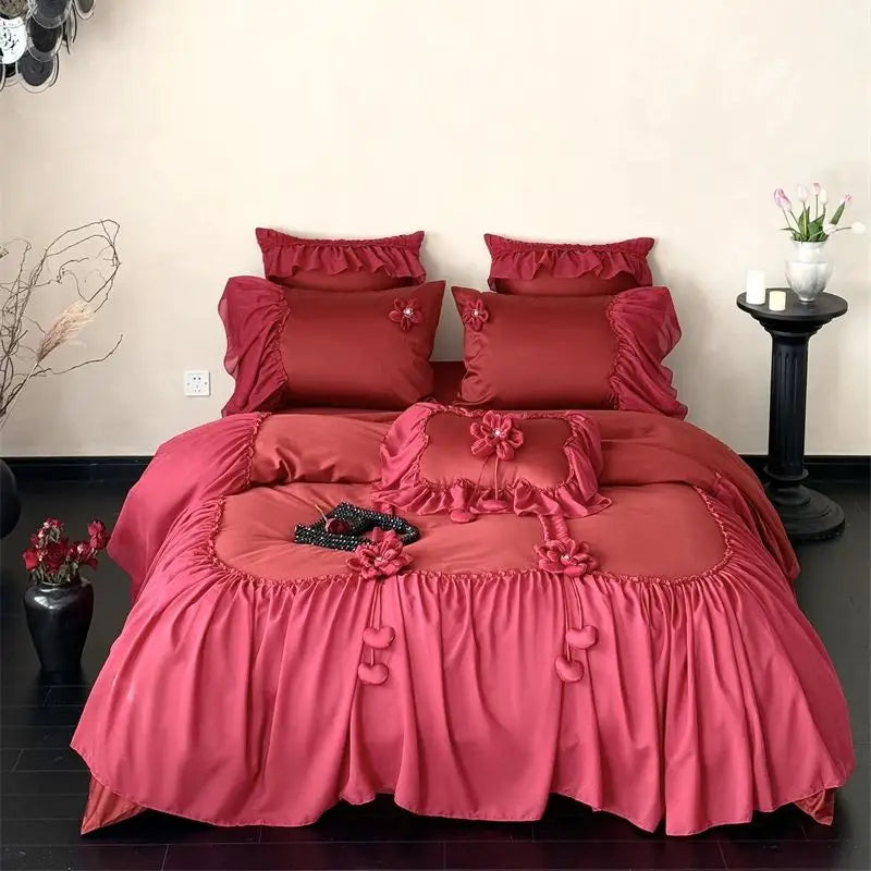 Apricot Color Princess Wedding Bedding Set 1000TC Egyptian Cotton Lace Ruffles Duvet Cover Bed Sheet/Fitted Sheet Pillowcases