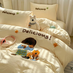 Bedding Set Ins Cute Blue embroidery Mixed With Washed Cotton Minimalist Four Piece Set Fitted Sheets Duvet Cover