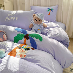 Bedding Set Ins Cute Blue embroidery Mixed With Washed Cotton Minimalist Four Piece Set Fitted Sheets Duvet Cover
