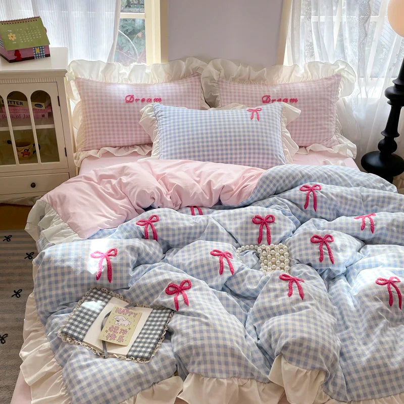 2025 Princess Bedding Set Lace Bow Pink Plaid 4pcs Bedding for Spring Quilt Cover Sheet And Pillowcase Soft Romantic For Girls