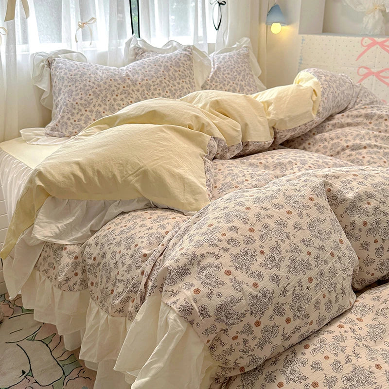 Bedding Set Korean Style New  Small Floral Water Washed Cotton Lace Duvet Cover Set Queen Size