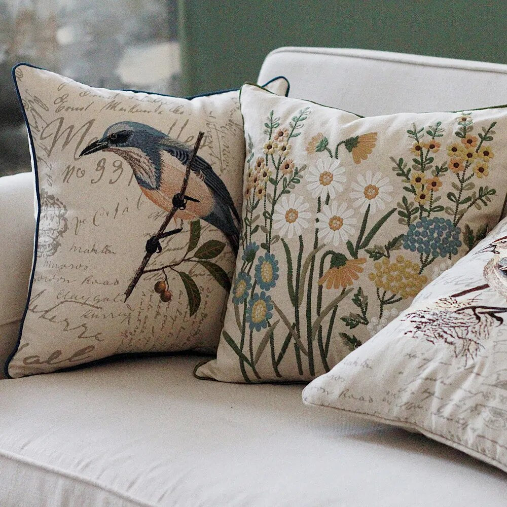 45x45cm Throw Pillows Cotton Linen Flower Embroidery Pillowcase Cover Sofa Car Cushion with Core Home Decor for Living Room