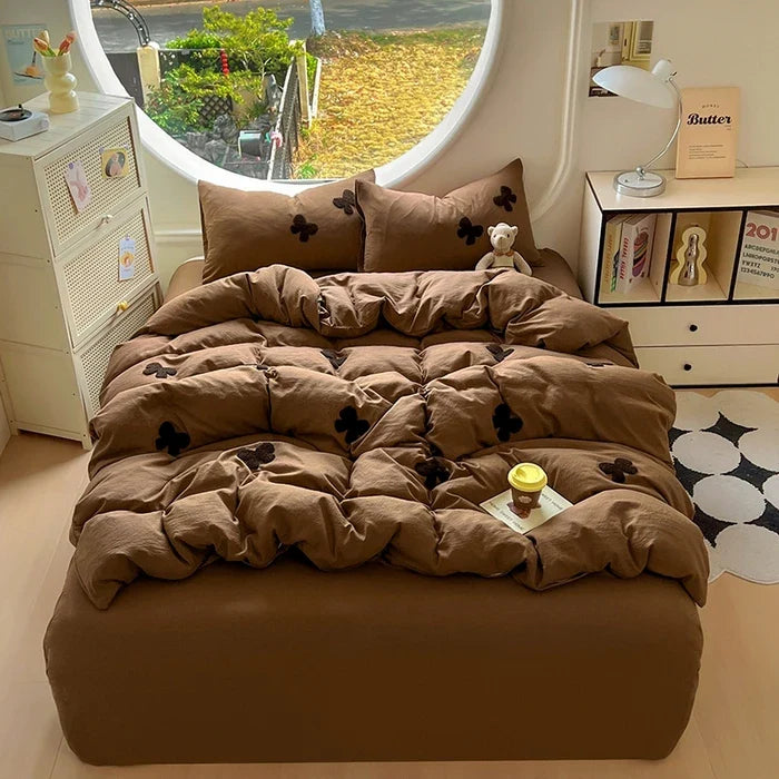 4pcs Duvet cover set (1*Duvet Cover + 2*Pillowcase, sheet), Butterfly knot yarn embroidery Bedding Set, Soft Comfortable