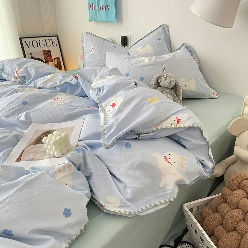 Bedding Set Flora INS Girls 4 New Tulip Rabbit Double-layer  Bed Set Of Four Pieces Washing Cotton Bed Sheets Duvet Cover Set