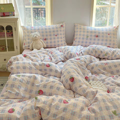 Kawaii Strawberry Bedding Set Kids Adults Duvet Cover and Flat Sheet Pillowcase Single Double Full Size Girls Bed Linen