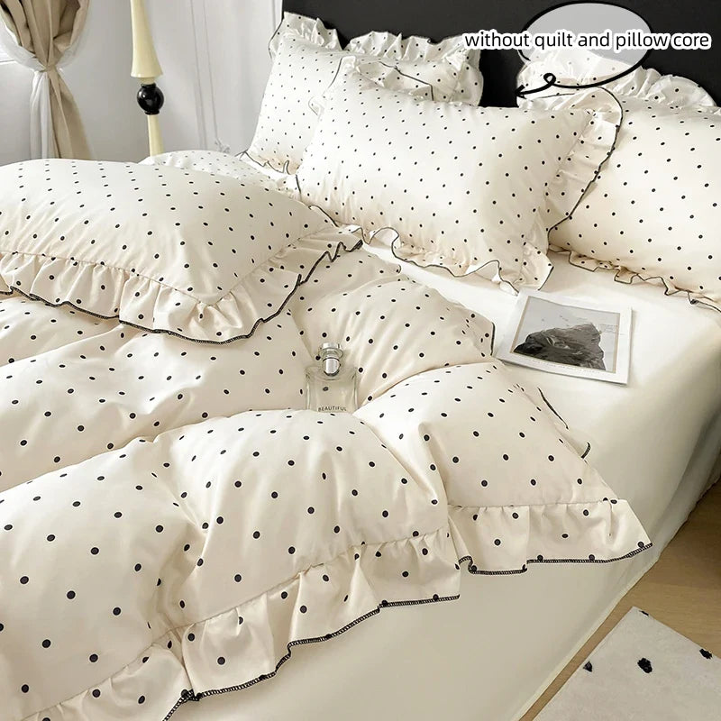 3pcs  Korean lace Duvet Cover Set (1*Duvet Cover + 2*Pillowcase, Without Core), Black dot print print Bedding Set
