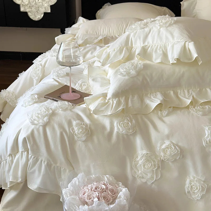Princess Style 3D Flower Bedding Set 100 Thread Count Autumn and Winter Cotton Duvet Cover Solid White Quilt Covers with Ruffles