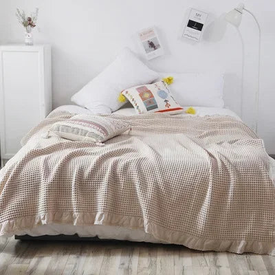 100% Cotton Soft Bed Plaid Home Japenese Knitted Blanket Corn Grain Waffle Embossed Summer Ruffles Warm Plaid Throw Bedspread