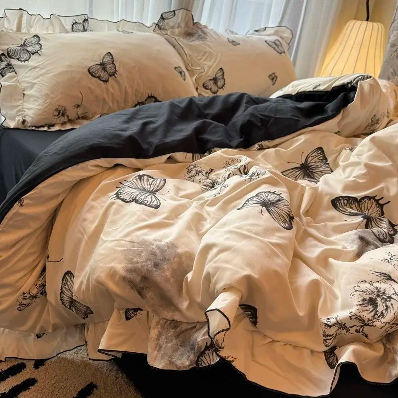 Korean Princess Duvet Cover Set Skin Friendly Wash Cotton Bedding Set Of Four Pieces Lace Bedin Set Bed Sheets Comforter Cover