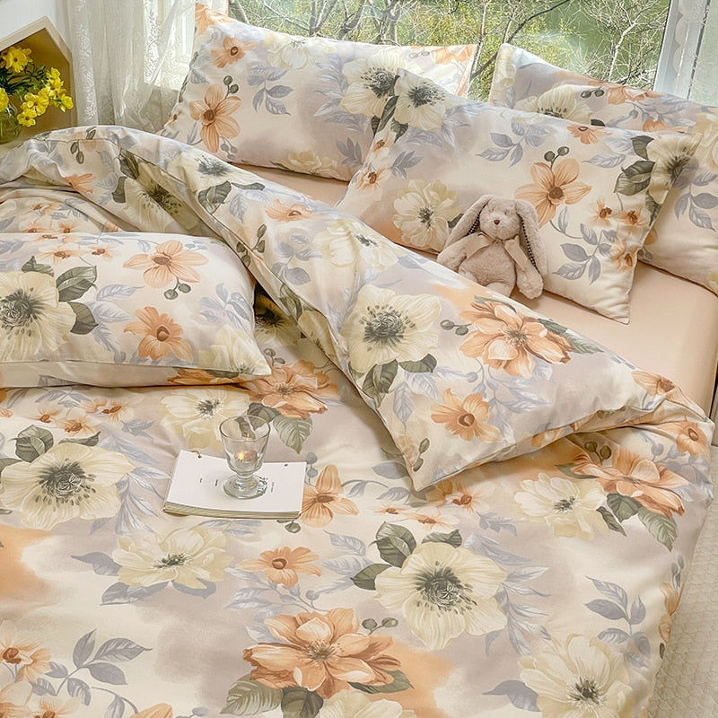 Blue Floral 100% Cotton Luxury Bedding Set, 133x72 Fabric, Skin-friendly,Duvet Cover & 2pcs Pillowcase
