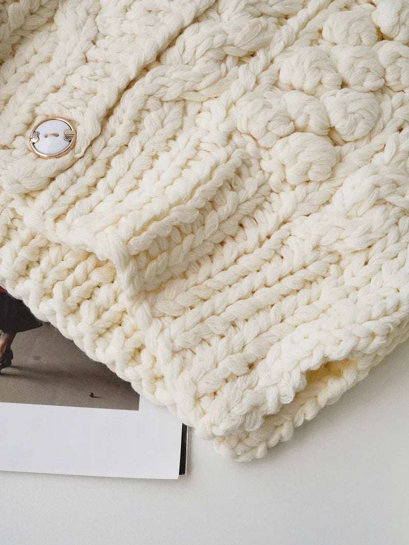 White Knitted Hollow-Out V-Neck Cardigan Sweater