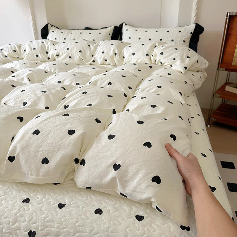 2025 new soft waxy waxy wash quilt cover Knitted double layer single bed sheet Little fresh polka dot bedding