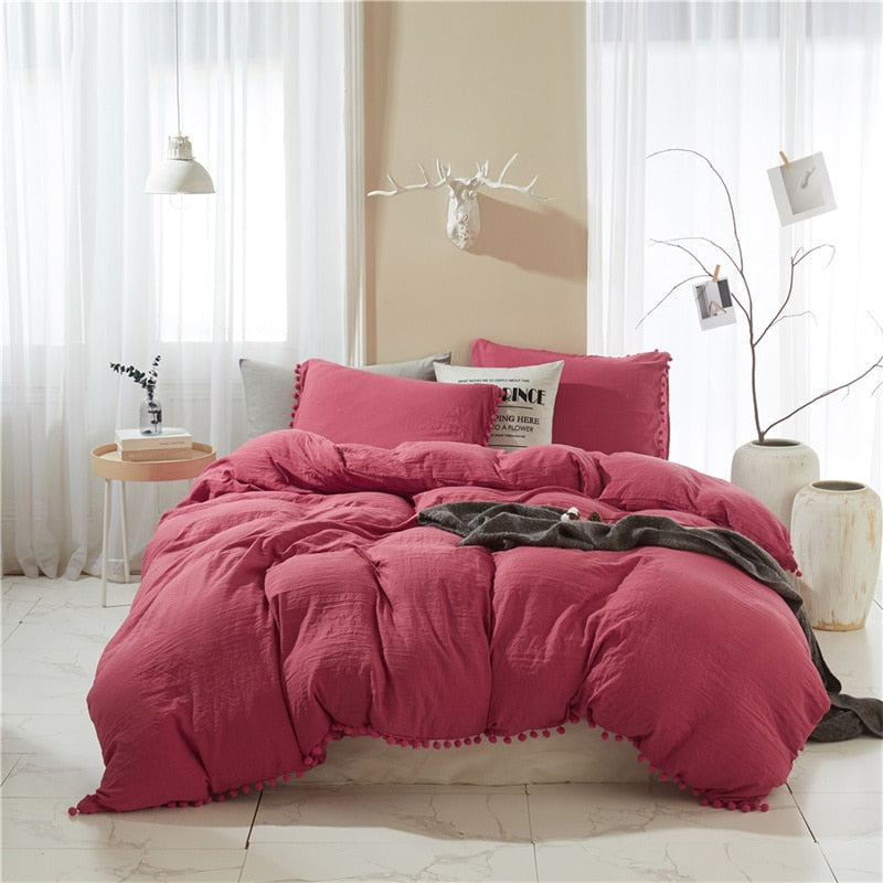 American Style Furball Tasseles Yellow Bedding Set Queen Home Hairball Tassel Bed Cover Sets Soft King Size Duvet Cover No Sheet