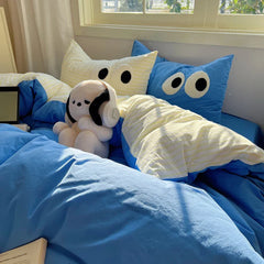 Ins Black Big Eye Solid Color Bedding Set Girls Boys Flat Sheet Blue Duvet Cover Pillowcase Washed Cotton Bed Linen Home Textile
