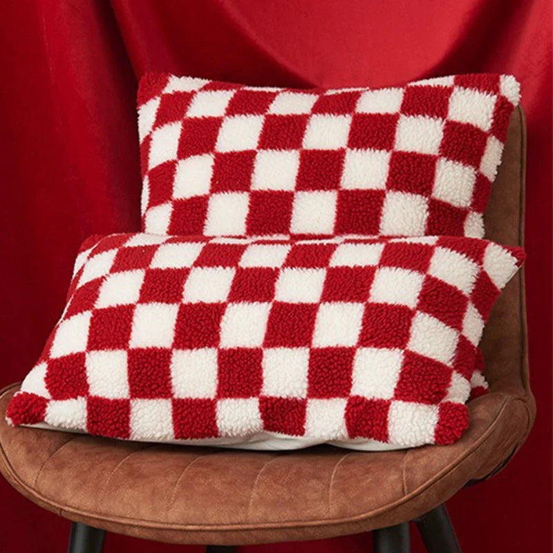 Black Faux Fur Wool Throw Pillow Cover Checked Cushion Cover for Sofa Couch Living Room Polyester Lumbar Pillow Home Decoration