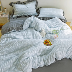 Ins Light Blue Bubble Washed Cotton Bed Sheet Bedding Set Four Piece Set Four Season Duvet Set Nordic Style Three Piece Set