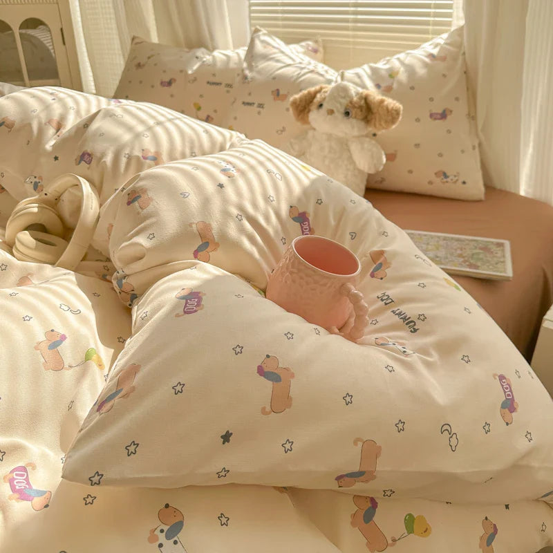 Duvet Set Double Yarn Four-piece Set Class A Aerobic Knitted Cotton Printed Love Bed Cover Skin Friendly Breathable Bedding