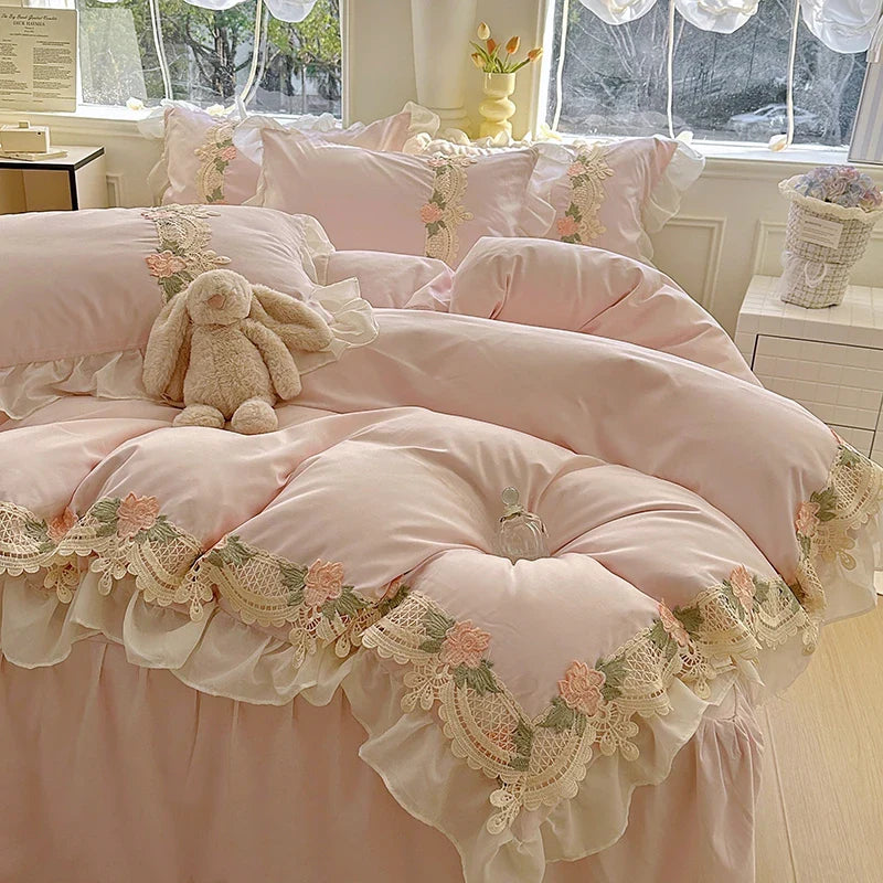 2025 New INS Princess Style Bedding Sets Ruffle Lace Bow Quilt Cover Romantic Bedclothes Woman Girls Bedroom Duvet Cover 4pcs