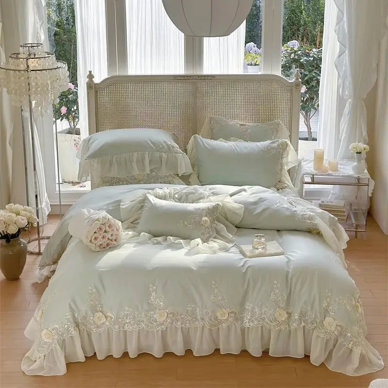 Egyptian Cotton Wedding Bedding Set, Romantic French Lace Ruffles, Flowers Embroidery, Duvet Cover, Bed Sheet, Pillowcases