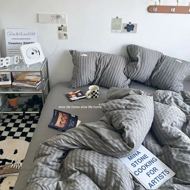 Bedding Set Luxury High Grade Light  Washable Cotton Waffle Four Piece  Olive Green Quilt Cover Bed Sheet Dormitory Three Piece