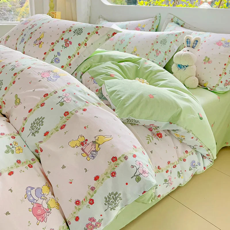2025 Hot Flora Style Bedding Set Princess Printed Four Piece Set Flowers  Bed Sheet Set Duvet Cover Queen King Size Home Decor