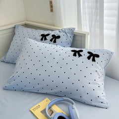 Ins Style Girl Blue 1.5m/1.8m Fitted Sheet Bow Towel Bedding Set Embroidery Washed Cotton Four-piece Set Bed Sheet Three-piece