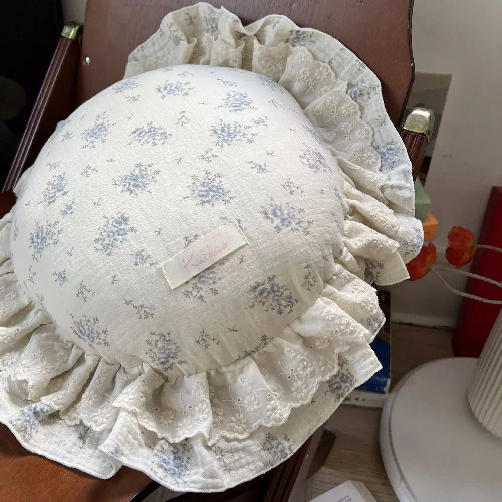 INS Round Ruffle Edge Floral Throw Pillow Stuffed Cushion Girl Heart Sweet Princess Cotton Home Bed Sofa Decor Cushion Headrest