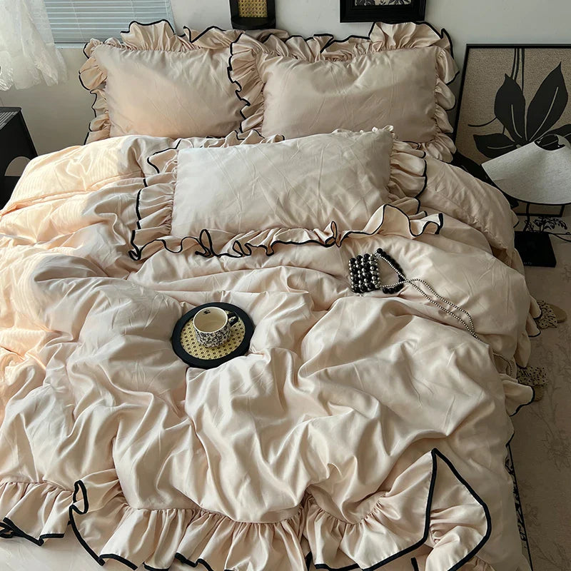 3/4Pcs Korean Princess Style Ruffles Bedding Set Skin-friendly Soft Silky Cool Feeling Duvet Cover Set Bed Sheet Pillowcases