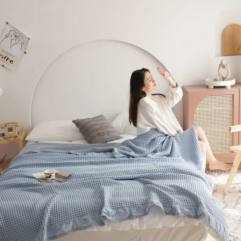 100% Cotton Soft Bed Plaid Home Japenese Knitted Blanket Corn Grain Waffle Embossed Summer Ruffles Warm Plaid Throw Bedspread