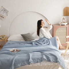100% Cotton Soft Bed Plaid Home Japenese Knitted Blanket Corn Grain Waffle Embossed Summer Ruffles Warm Plaid Throw Bedspread