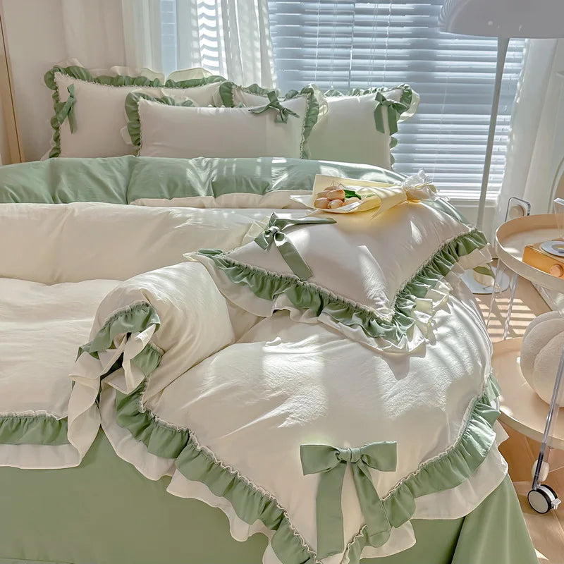 Princess Korean Style Bedding Set with Bow Pink Blue Girls Double Queen Size Duvet Cover No Filling Flat Sheet Pillowcases Kit