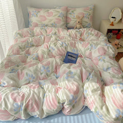 Korean Style Cute Bedding Set For Girls Bed Linen New Skin Friendly Fresh Flora Printed Washed Cotton Duvet Cover Set