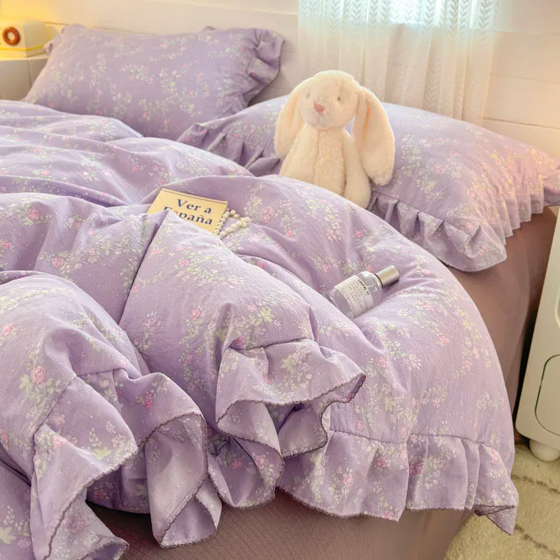 INS Princess Style Bedding Sets Ruffle Lace Bow Quilt Cover Romantic Bedclothes Decor Woman Girls Bedroom Duvet Cover 4pcs