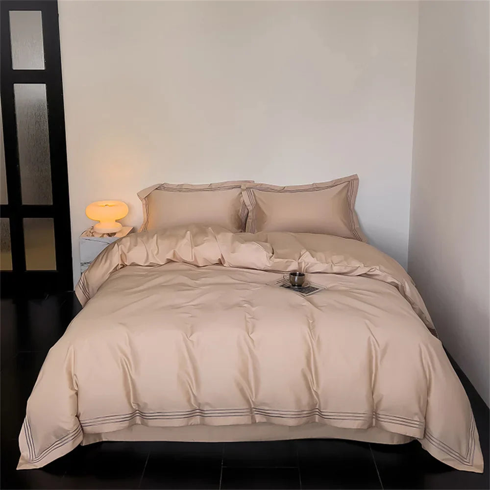 1200TC Embroidered Egyptian Cotton Bedding Set 4pcs King Queen Size Solid Sheet Duvet Cover Pillowcase Bed Linens