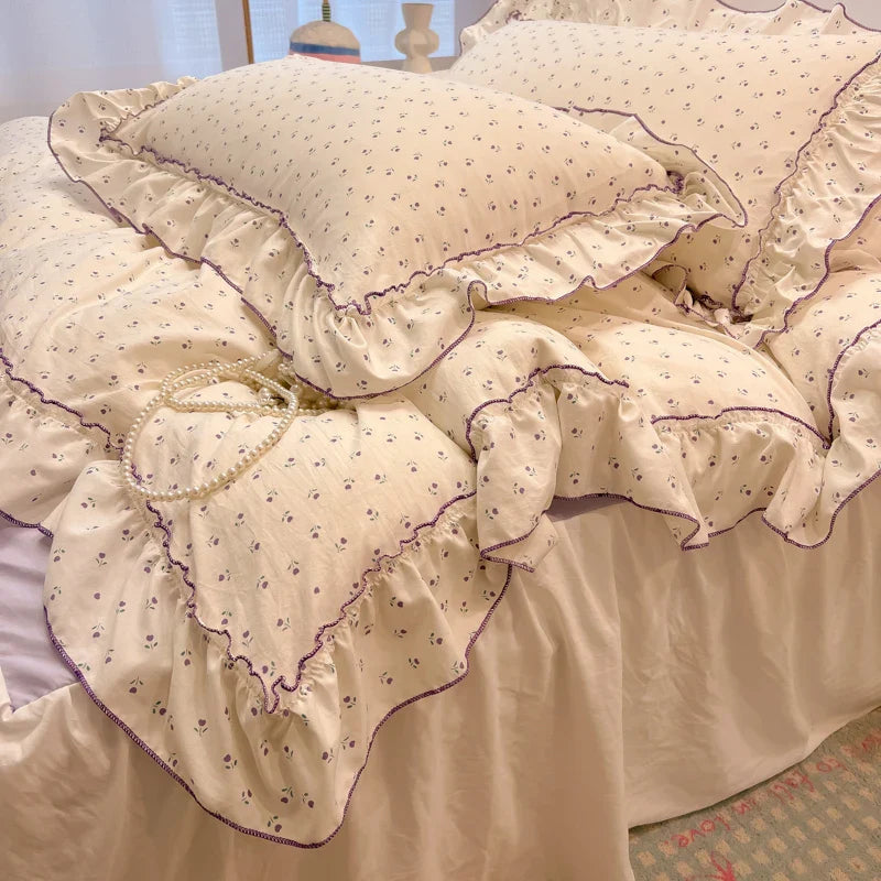 2/3Pc Korean Princess Style Floral Ruffles Bedding Set Single Queen Size Soft Skin-friendly Washed Cotton Duvet Cover Pillowcase