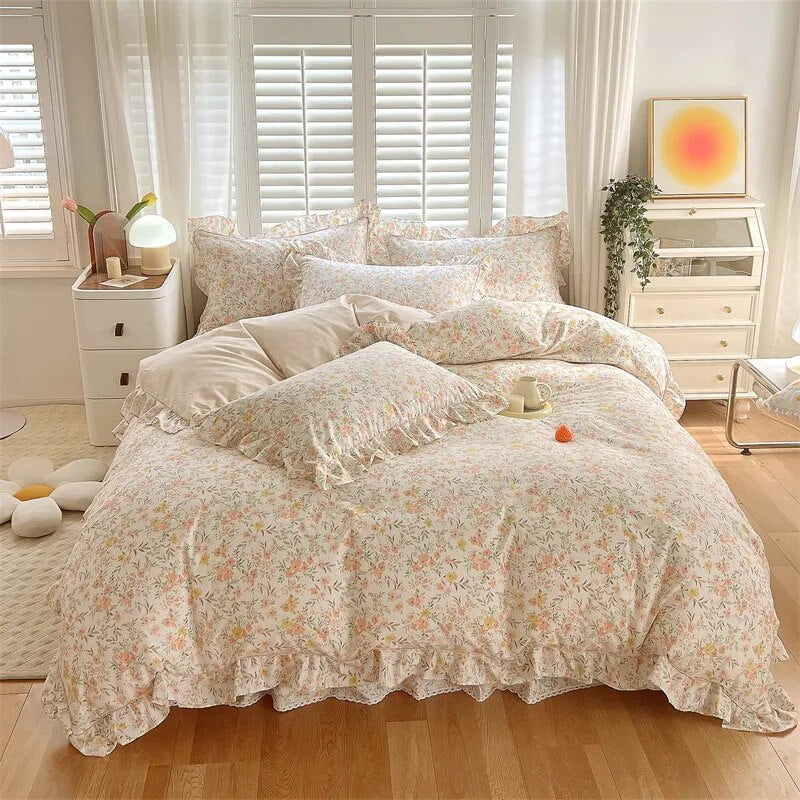 Ruffle Bedding Set 100% Cotton 1 Duvet Cover 2 Pillowcases No Sheet  Ultra Soft Touch Floral Style 200x230 220x240