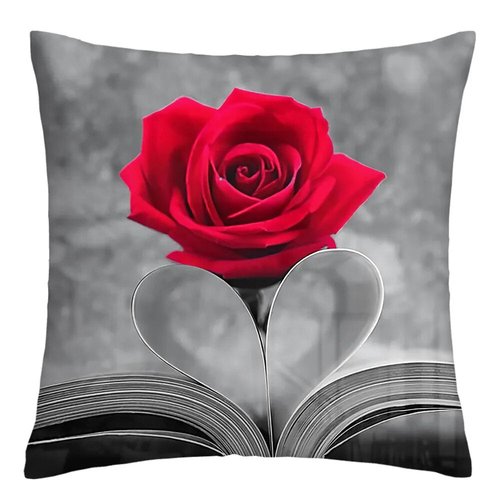 45x45cm Red Rose Flower Cushion Cover Home Wedding Decoration Sofa Bed Lumbar Pillowcase Polyester Red Rose Print Pillow Case