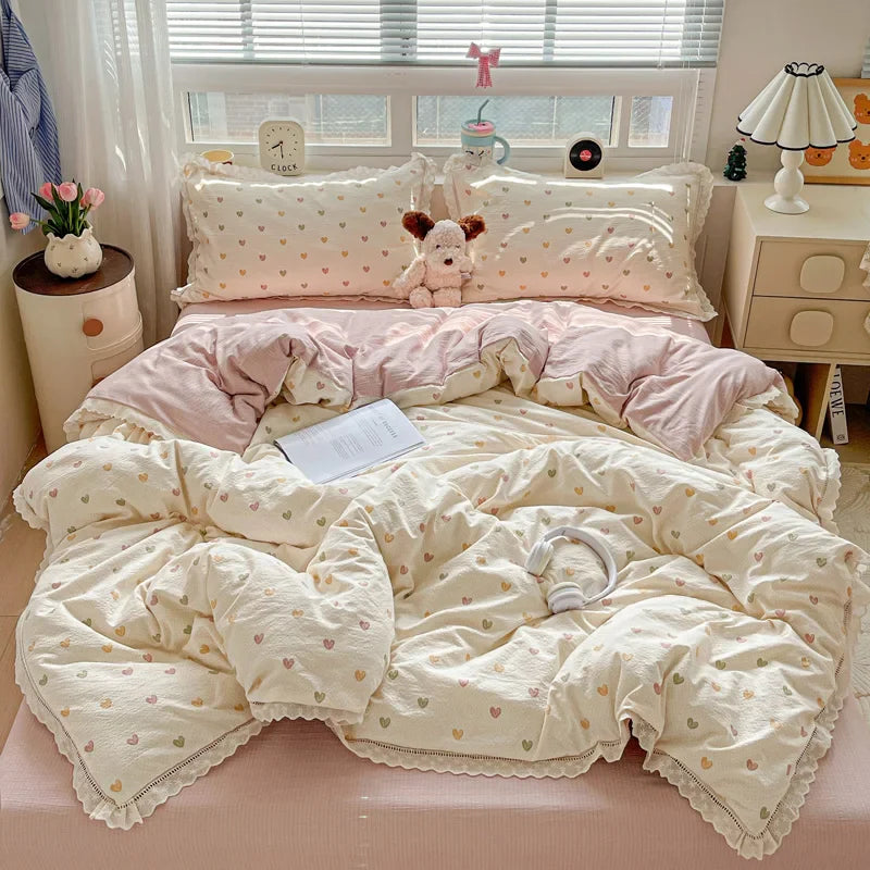 2025 New Bedding Set INS Princess Soft Bed Flat Sheet Set Twin Queen Double Size Cotton Lace Duvet Cover Pillowcase Bed Linen