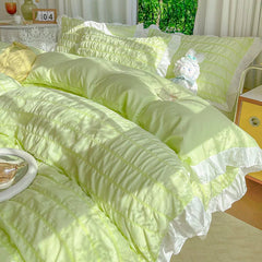 Luxury Seersucker Washed Cotton Bedding Set INS Girls Princess Bedding Set with Lace Solid color Bedclothes Sheets Pillowcase